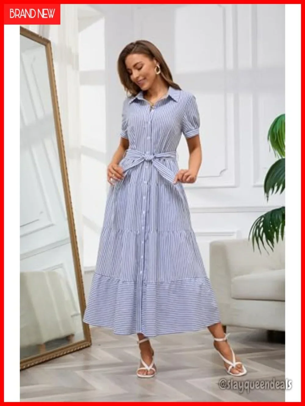 Women's Striped Button Down High Waisted Maxi Shirt Dress with Belt